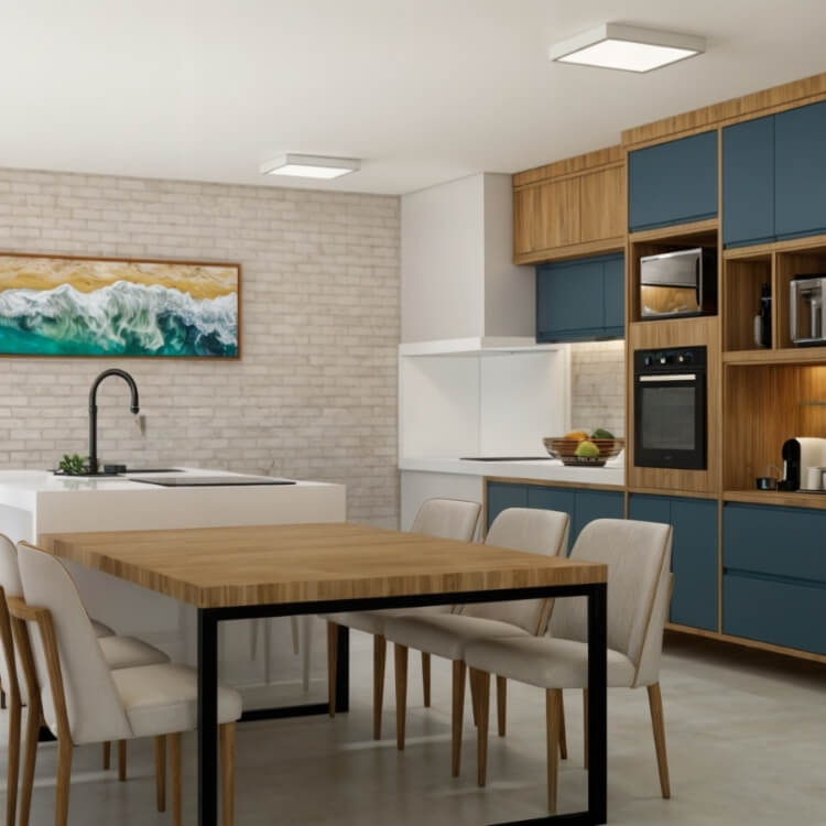 Cozinha conceito aberto, moderna e funcional, com móveis planejados.
